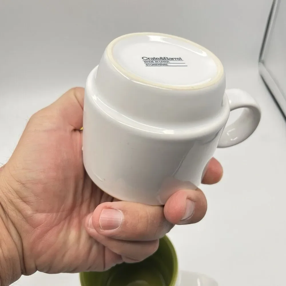 Crate and Barrel Stackable Cups Mugs White with 1 Green and 3 Yellow inside